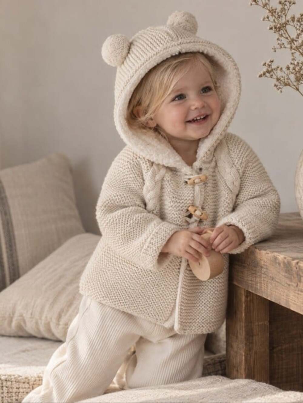 Zara Baby Girl's Cream Hooded Bear Ears Sherling Lined Knitwear Jacket 12-18